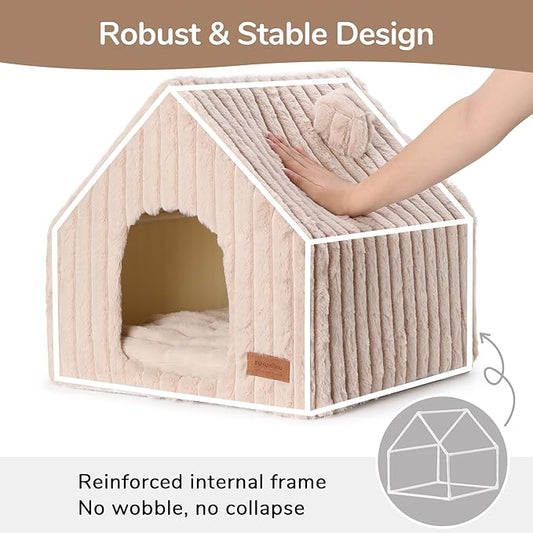 FUKUMARU Cat Houses for Indoor Cats, Washable Cute Cat Bed Cave with Removable Pillow, Large Semi-Enclosed Cozy Dog House Indoor, Soft Faux Rabbit Fur Kitten Bed, 17.5-Inch Cat Hideaway, Pink Grey