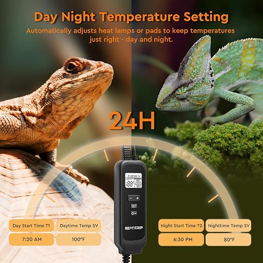 Reptile Dimming Thermostat, Adjustable Day and Night Temperature, Thermostat for Reptile Heat Lamp Heat Pad, PID Temperature Controller, Memory Function, ℉/℃ (Model: PT02A)