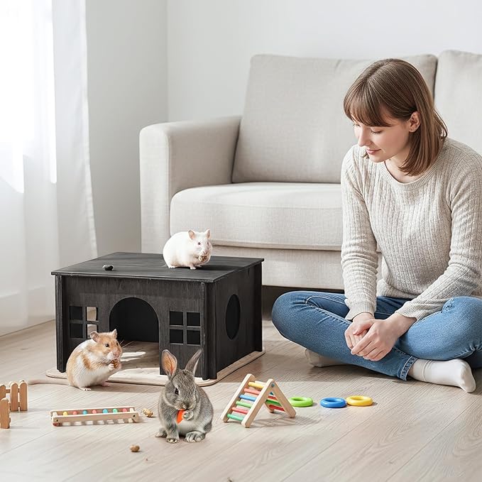 Black Guinea Pig Hideout and Hideouts, Wooden Guinea Pig House with Cushion, Lovely Chinchilla House with Windows, Large Hamster House Hideout for Hamsters Small Bunny Chinchillas Playing Hiding