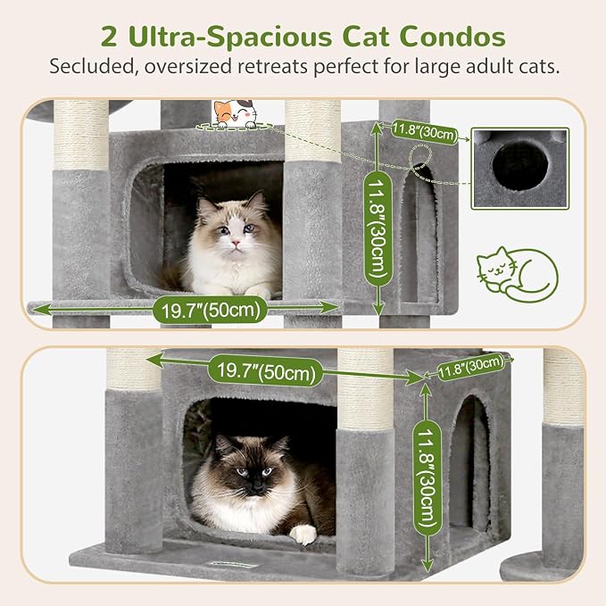 Globlazer 75in Sturdy Cat Tree for Large Cats, Heavy Duty Multi-Level Cat Tower for Indoor Cats with Extended Platform, 2 Spacious Condos, 2 Padded Perches, 6 Sisal Scratching Posts, S75, Light Grey