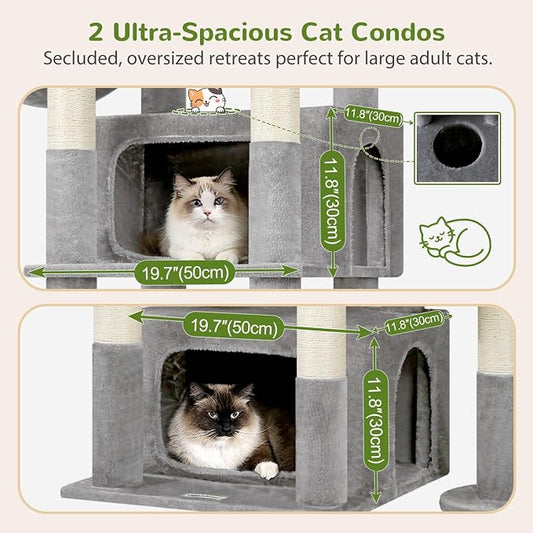 Globlazer 75in Sturdy Cat Tree for Large Cats, Heavy Duty Multi-Level Cat Tower for Indoor Cats with Extended Platform, 2 Spacious Condos, 2 Padded Perches, 6 Sisal Scratching Posts, S75, Light Grey
