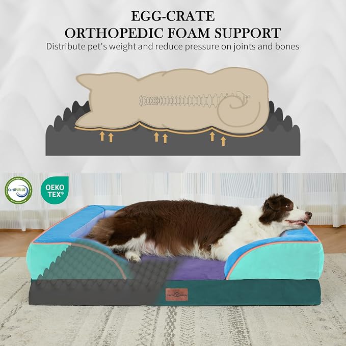Comfort Expression Orthopedic Dog Bed for Extra Large Dogs with Bolster | Waterproof Dog Couch Bed with Washable Cover & Non-Slip Bottom, Supportive Egg Crate Foam XL Pet Bed, 42x30 Inch