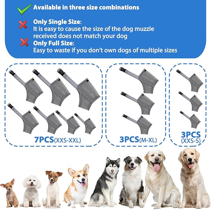LUCKYPAW Dog Muzzle Suits for Small Medium Large Dogs, Mesh Muzzle Anti Biting Chewing, Breathable Mouth Cover Set with Adjustable Strap for Grooming Vet Visiting Training (7 PCS(XXS-XXL), Grey)
