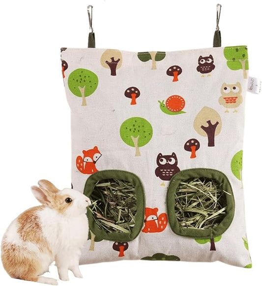 Rabbit Hay Feeder Bag for Cage Guinea Pig Timothy Hay Dispenser Storage Manger Hanging Large Less Waste for Bunny Guinea Pig Chinchilla (Forest Owl,Small)