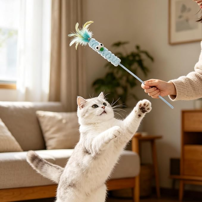 IUHKBH Cat Wand Toys, 3 PCS Cute Plush Teaser Wand with Bell & Feather Interactive Play Toy for Bored Indoor Cats and Kittens