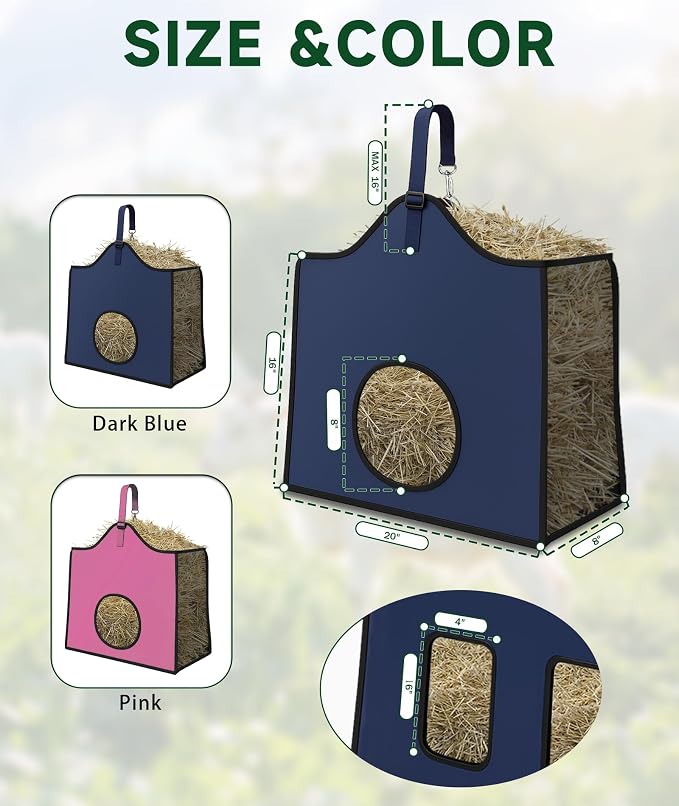 Hay Feeder for Goats and Horses - Slow Feed Design, Heavy Duty Hanging Hay Bag for Barn, Trailer & Paddock, Easy to Hang & Clean(2pcs, Navy Blue)