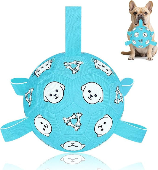 Dog Toys Soccer Ball with Straps, Dog Soccer Ball with Tabs, Dog Toys for Tug of War, Floating Water Puppy Toys for Indoor/Outdoor – Fun Dog Birthday Gift for Small Medium Dogs, 6 Inch