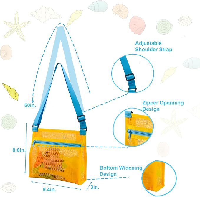 MUYIZI Beach Mesh Shovel with Mesh Shell Bags, Kids Filter Sand Scooper for Picking Up Shells,Shark Tooth Sifter Dipper for Boys and Girls,Beach Toys Accessories (Yellow)