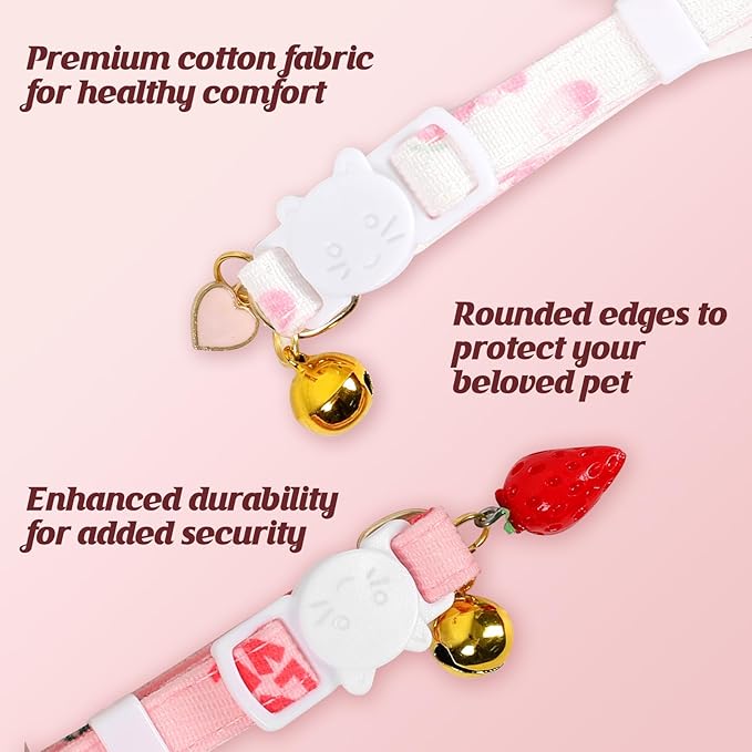 Strawberry Print Cotton Cat Dog Costumes with 2 Adjustable Collar with Bow, Kitten Outfits for Girl Cats, Pink White Pet Clothes for Small Dogs & Cats ，M