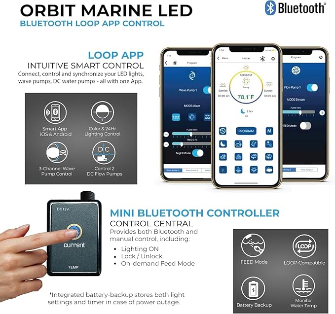 CURRENT Orbit R24 52 Watt Reef LED Saltwater Marine Aquarium Coral Light with Flex Arm Tank Mount Wireless Lighting & eFlux Wave Pump Control Bluetooth Loop App Compatable for Fish Tank (4410)