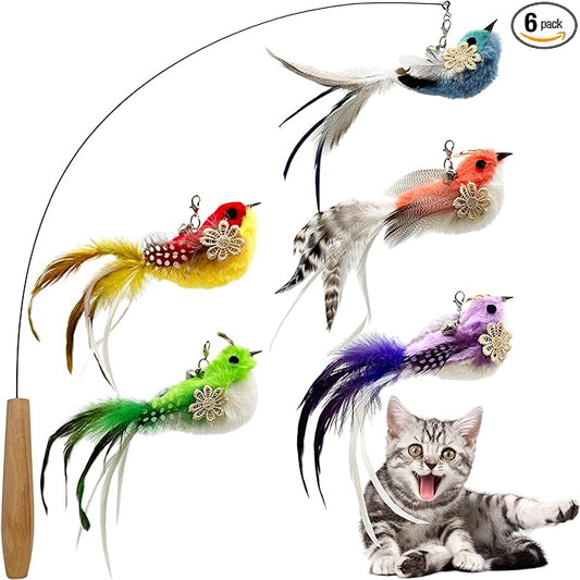 Cat Wand Toy, 6 Pieces Interactive Cat Wand Bird Feather Toys for Indoor Cats Play Exercise