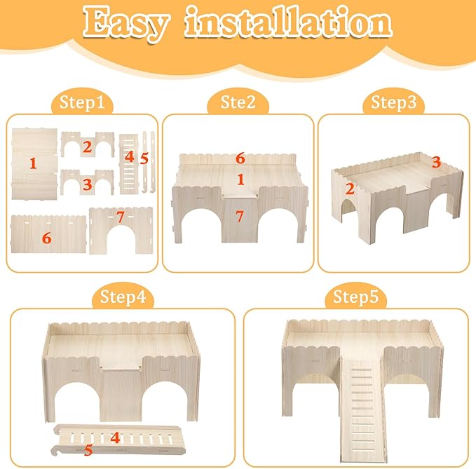 Large Guinea Pig Castle, Sturdy Wooden Guinea Pig Hideout, Upgraded Wooden Guineas Pigs Castle with Anti-Slip Stairs, Easy to Assemble for Small Animal House Habitat or Hamster Hideout