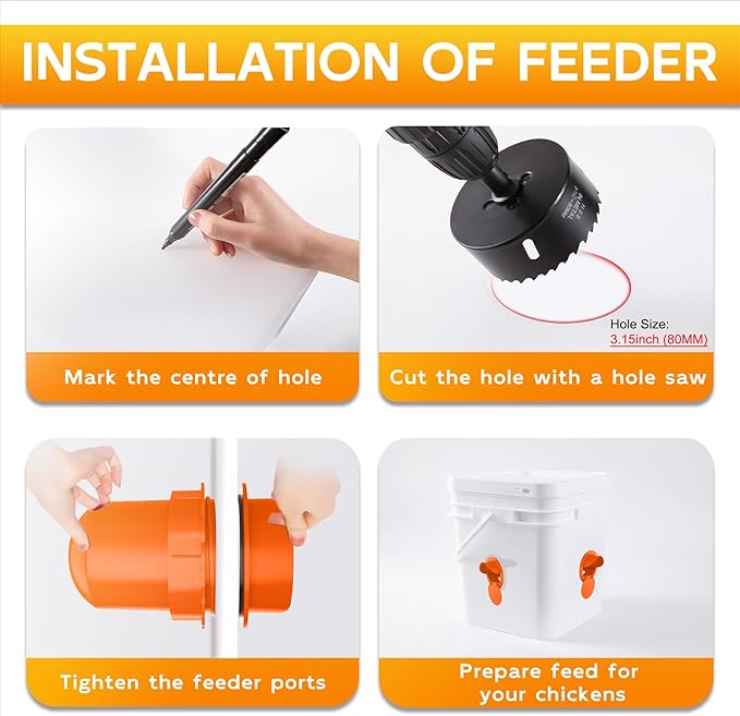 Chicken Feeder Port 12 Pack - No Waste DIY Poultry Feeding Kit with Stopper Lid & Hole Saw, Reusable Rain Proof Automatic Coop Gravity Feeder for Hens Ducks Geese (Orange)