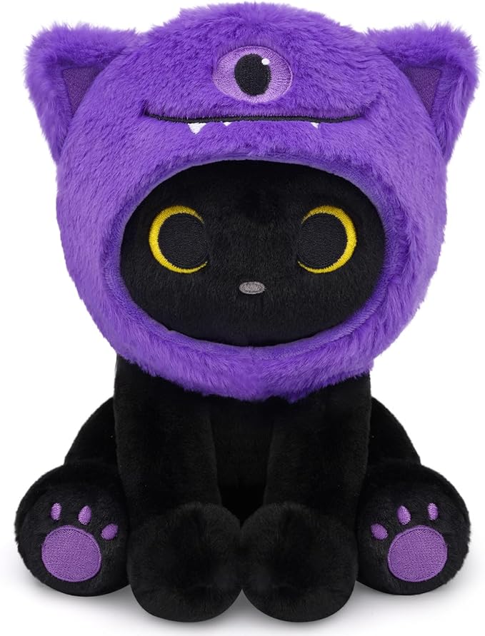 Black Cat Plush Toy, 8inch Cute Stuffed Cat with Purple One-Eyed Monster Removable Hood, Soft Toy Monster Kitten Plushie Kawaii Christmas Brithday Gifts for Girls Boys