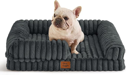 ChiXnuggle Orthopedic Dog Bed with Bolster Sides for Sleeping, Fluffy Plush Rectangular Dog Bed Medium Sized Dog, Luxury Striped Faux Fur Waterproof Dog Couch with Removable Washable Cover, Dark Grey