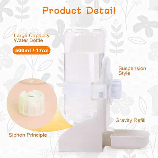 Rabbit Water Bottle Suspension Water Dispenser for Mini Pet Bunny Guinea Pig Chinchilla, 500ml Automatic Water Bottle by Gravity Flow Supply, Prevent Overflow, BPA Free (White)