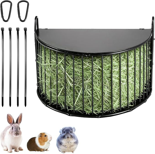 Upgraded Hay Rack for Rabbits, Bunny Feeder for Guinea Pigs Chinchillas, Black, Hanging Hay Feeder with Lid, Bunny Feeding Holder, Metal, Semicircular, Chinchilla Cage Accessories