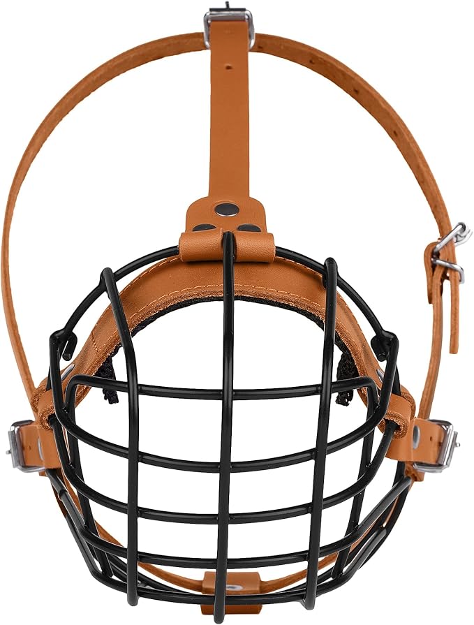 Pitbull Dog Muzzle Breathable Metal Basket for Large Dogs Amstaff Staffordshire Terrier Secure Wire Mask Adjustable Durable Leather Straps Biting Chewing Barking (Brown)