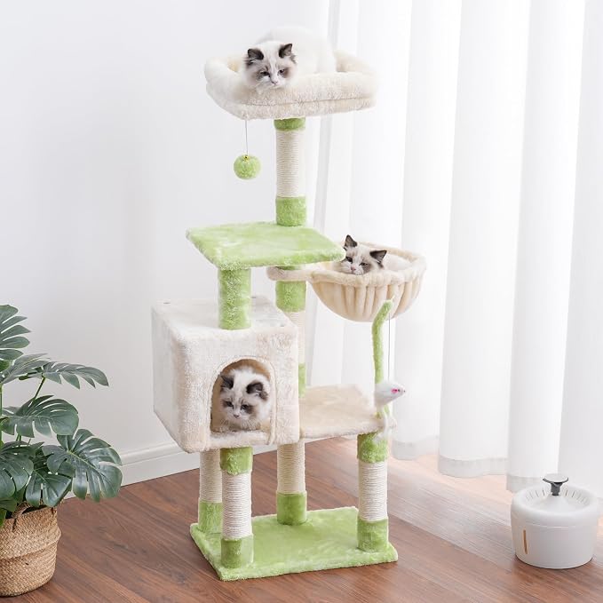 Heybly Cat Tree with Toy, 43.3 inch Cat Tower condo for Indoor Cats, Cat House with Padded Plush Perch, Cozy Hammock and Sisal Scratching Posts, Green and Beige HCT004SGM