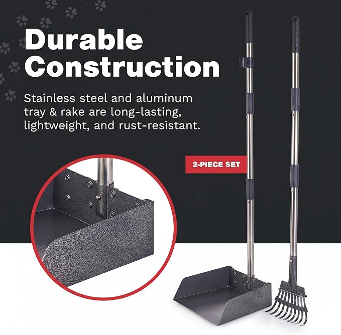 Pawler Pooper Scooper for Large Dogs, Small Dogs and Horses, Metal Poop Scooper Set with Long Handle Rake and Tray for Yard, Grass, Dirt or Gravel, Heavy Duty Aluminum Poop Picker Upper