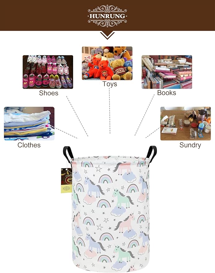 Collapsible Fabric Storage Basket, Waterproof Laundry Hamper with Handles, Round Storage Bin for Clothes Toys, Foldable Organizer for Bedroom Nursery Bathroom(Round-Star Unicorn)