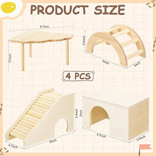 BreezeHug 4 Pcs Hamster Platform Hideout Wooden Tunnel Ladder Playhouse Hamster Game Climbing Toy with Platform Cage Accessories for Pets Dwarf Syrian Mice Degus Gerbils Squirrel(Log Cabin)