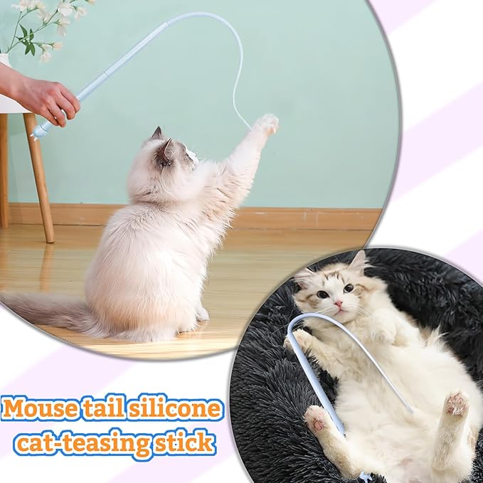 Andiker Mice Tail Cat Wand Toy, 30 inches Long Cat Teaser Stick with Innovative Silicone Rat Tail Easy to Install and Clean Soft Easy Swing Tail Interactive Cat Toys for Indoor Cats (Pink)