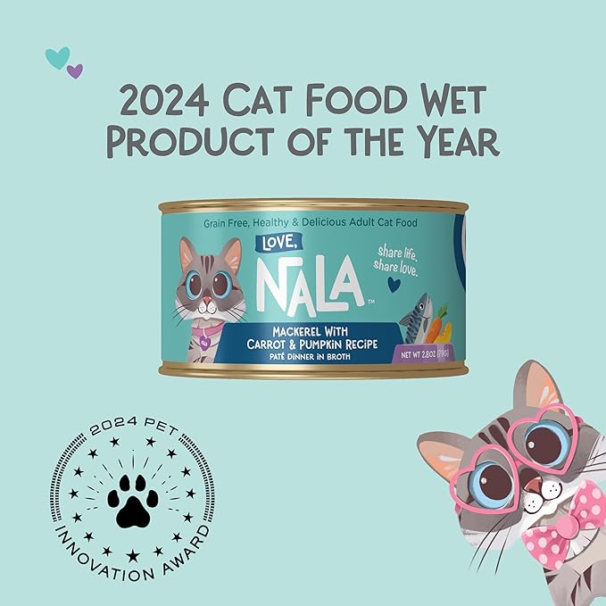 LOVE, NALA - Natural Adult Cat Wet Food - Mackerel with Carrot & Pumpkin Pate Recipe - 2.8 oz, Pack of 24 Cans - Grain-Free, Non-GMO, No Gums, No Carrageenan