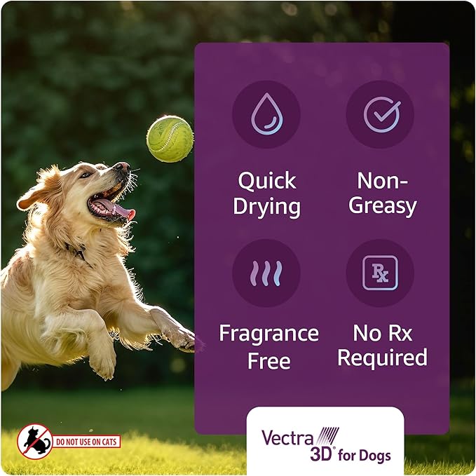 Vectra 3D Flea and Tick Prevention for Dogs, Kills and Repels Fleas, Ticks & Mosquitoes | Fast‑Acting, Waterproof, No Prescription Needed | Medium Dogs 21-55 lbs, 6‑Month Supply