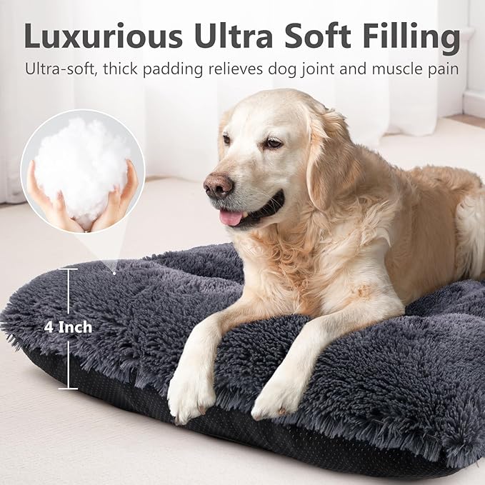 JOEJOY Large Dog Bed Crate Pad, Deluxe Plush Washable Dog Beds Fulffy Soft Kennel Pad Anti-Slip Pet Sleeping Mat for Extra Large Medium Small Dogs, 47" x 29", Grey