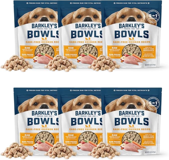 Barkley’s Bowls, Frozen Raw Chicken Dog Food, Fresh Whole Food Ingredients, Cage-Free Chicken, Grain Free, Dog Food Toppers, Human Grade Ingredients, All Dog Breeds, Ages, & Sizes, 4 lb Bag (6 Pack)