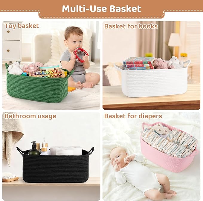 OIASKET Large Empty Gift Baskets for Baby Shower, 16.5" L x 12.6" W x 7" H Cute Woven Storage Basket with Gift Bags and Ribbons, Small Rope Toy Basket with Handles, Cat Dog Pet Toy Organizer - Black