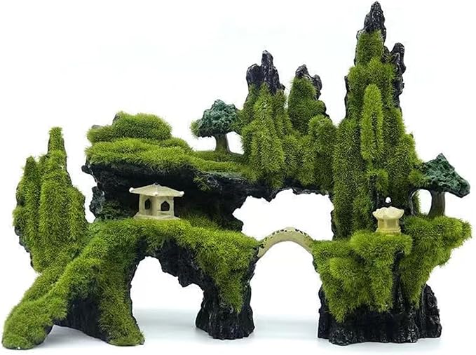Fish Tank Decorations, Aquarium Decor Aquarium Rocks Mountain View, Landscape Aquarium Ornament Rock Resin Decoration Stone with Moss Fish Tank Rocks (L)