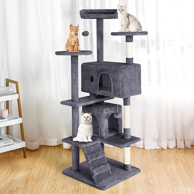 PayLessHere Cat Tree 54in Cat Tower with Cat Scratching Post,Multi-Level Cat Condo Stand House Furniture Kitty Activity Center with Furry Ball Toys Cat Tree for Indoor Cats (54in, Ashy)