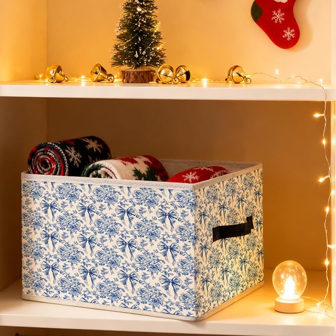 Blue and White Floral Bow Storage Bins, French Country Toile de Jouy Flower Foldable Closet Organizers Storage Basket Toybox for Clothes Bed Sheets Blankets Toys