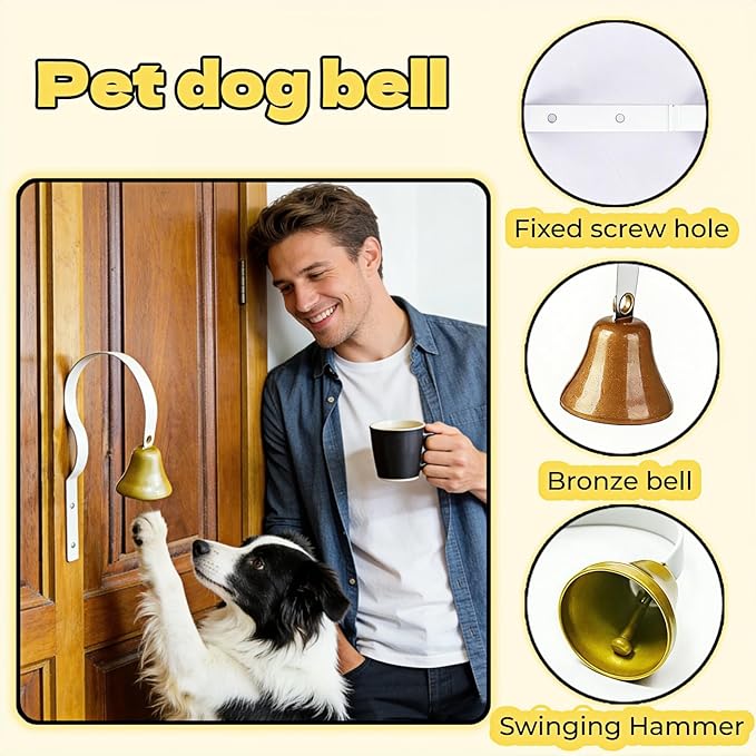 Dog Doorbell for Potty Training, Wall Mounted Bronze Bell with White Metal Bracket, 7.09 Inch Height, Includes 3 Mounting Screws, Scratch-Free Design, Rust-Proof
