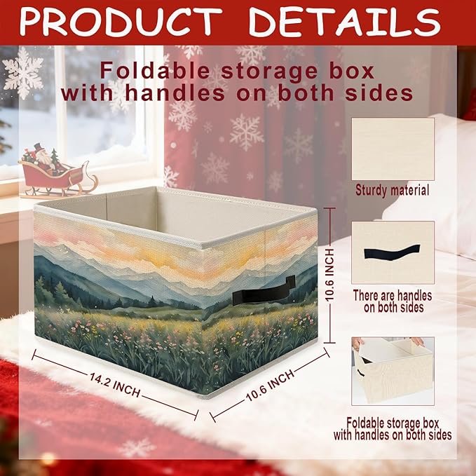 Abstract Boho Mountains Floral Storage Bins, Wildflower Nature Landscape Foldable Closet Organizers Storage Basket Toybox for Clothes Bed Sheets Blankets Toys