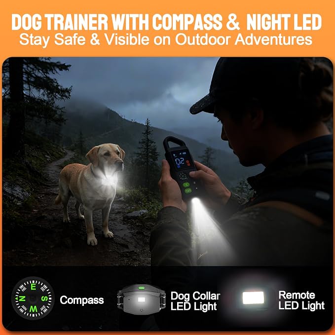 2-in-1 Dog Shock Collar & Bark Collar, 990FT Dog Training Collar with Remote, IPX7 Waterproof E Collar, 3 Training Modes, LED Light for Small Medium Large Dogs (8-120 lbs) - 2 Collar