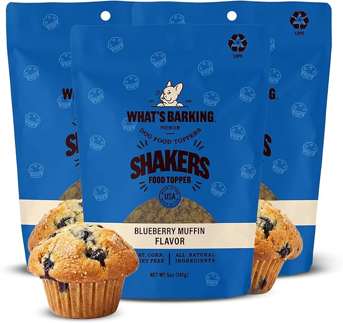 What's Barking Shakers Meal Toppers, Dog Treat Crumbles for Food Topping, Pet Essentials, Sprinkle Topper for Kibble or Wet Food, Made in USA, Resealable Bag (Pack of 3, Blueberry Muffin)