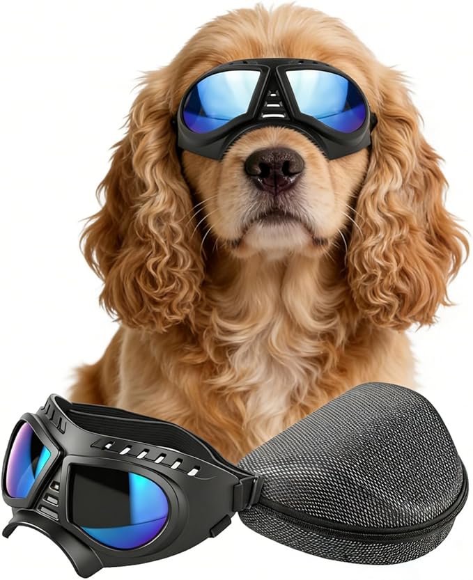 Namsan Dog Goggles Small Breed, Wide Snout & Soft Frame, Tactical Driving Sunglasses for Dogs Small to Medium Breed, Anti-UV Dog Eye Protection, Windproof Dustproof, Adjustable, Blue Lens