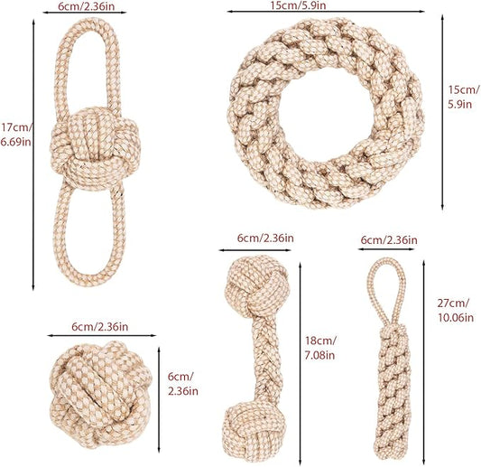 Rope Toys for Small and Medium Dogs, Chew Toys for Aggressive Chewers, Handwoven Cotton & Hemp Chew Toys with Knot and Ball, Interactive Toys for Tug of War, Training, Gum Massaging (5Pcs, Hemp Toys)