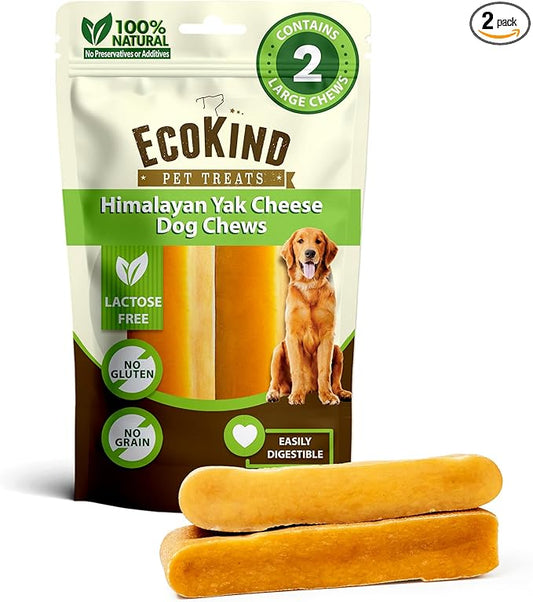 EcoKind Premium Gold Yak Cheese Himalayan Dog Chews, Dog Treats Large Breed, All Natural, High Protein, for Aggressive Chewers, Large - 2 Chews