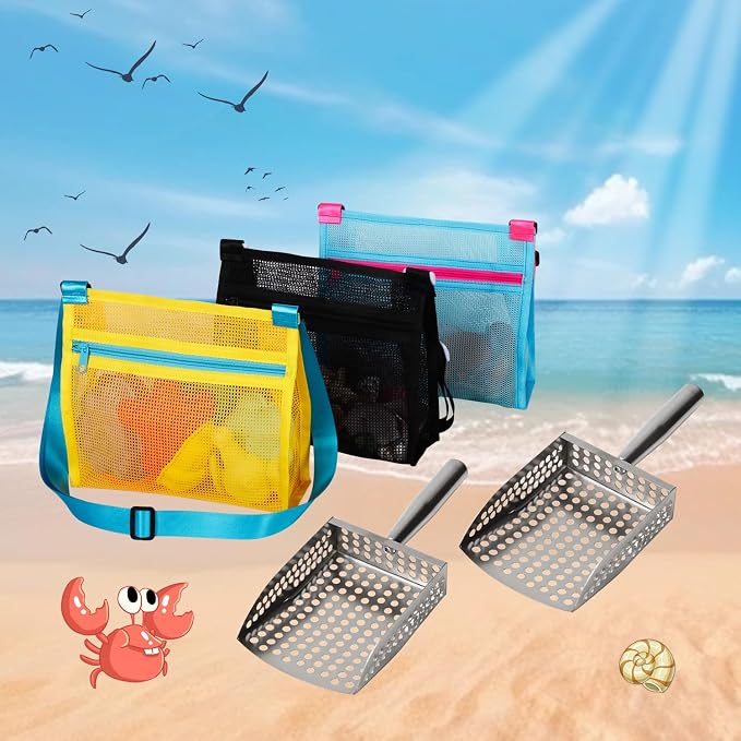 MUYIZI Sand Sifter Shovel with Mesh Beach Bag, Detachable Beach Scoop for Shell Collecting, Shark Teeth Sifter Dipper, Shell Scooper for Beach Multi-Use Sifting Tool Beach Toy for Kids & Adults(Black)