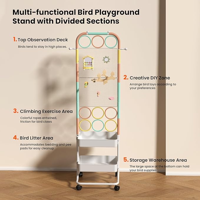 Large Bird Playground, Parrot Perch Stand with Toys DIY Zone, Wheels, Toilet, Storage Space, Bird Stands for Inside Play Gym Stand for Parakeet Conure Cockatiel Lovebird Budgie African Greys