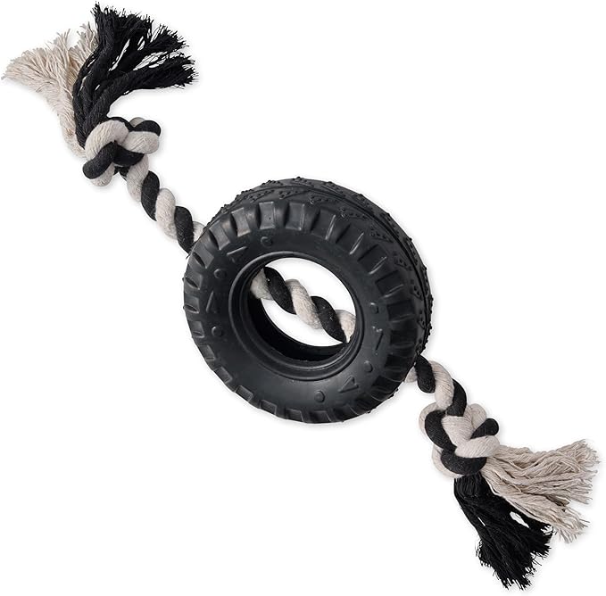 Pet Passion Natural Rubber Tire and Organic Cotton Rope Pull and Chew Dog Toy for All Pet Breeds, Black, Large