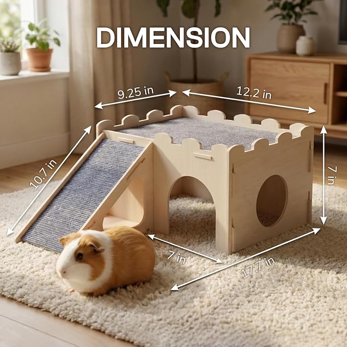 Guinea Pig Hideout Wooden House with Ramp, Small Animal Castle with Multiple Entrances and Built-in Hay Nook, for Guinea Pig, Chinchilla