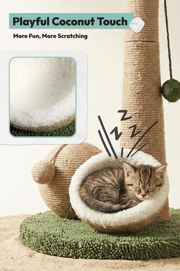 33" Tall Cat Scratching Post, Natural Jute Cat Scratcher for Indoor Cats,Twin Coconuts & Tree Design with Hanging Toy Ball & Rest Platform,Stable Furniture Protector for Kittens & Adult Cats,M