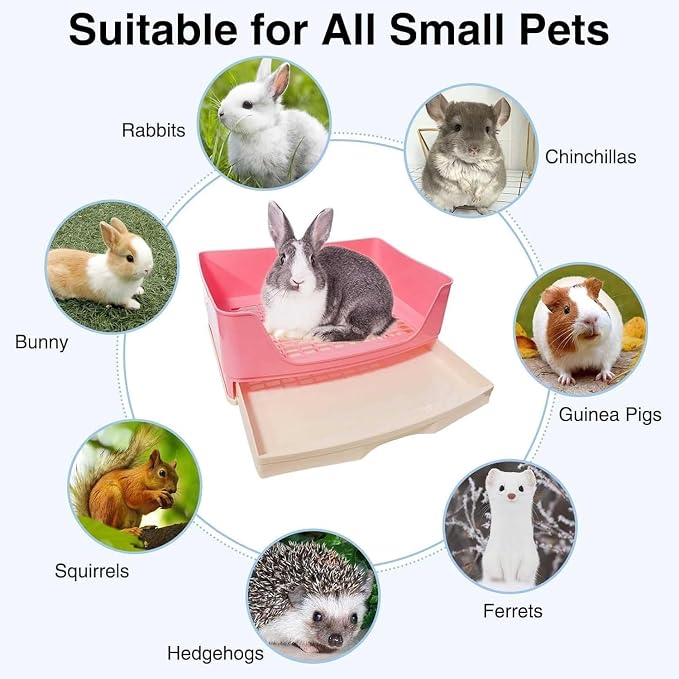 kathson Large Rabbit Litter Box with Drawer, Bunny Potty Trainer Corner Toilet Guinea Pig Litter Box Bigger Pet Pan with Grass Mat for Chinchilla, Ferret, Hamster (Pink)