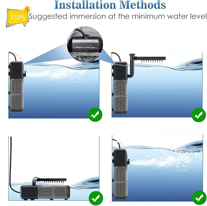 AQQA Aquarium Filter, Submersible Power Fish Tank Filter with Rainwater Aerator System Adjustable Water Flow Design, Ultra Silent Biochemical Sponge Filtration Up to Fish Tank 70 Gallon (9W-211GPH)