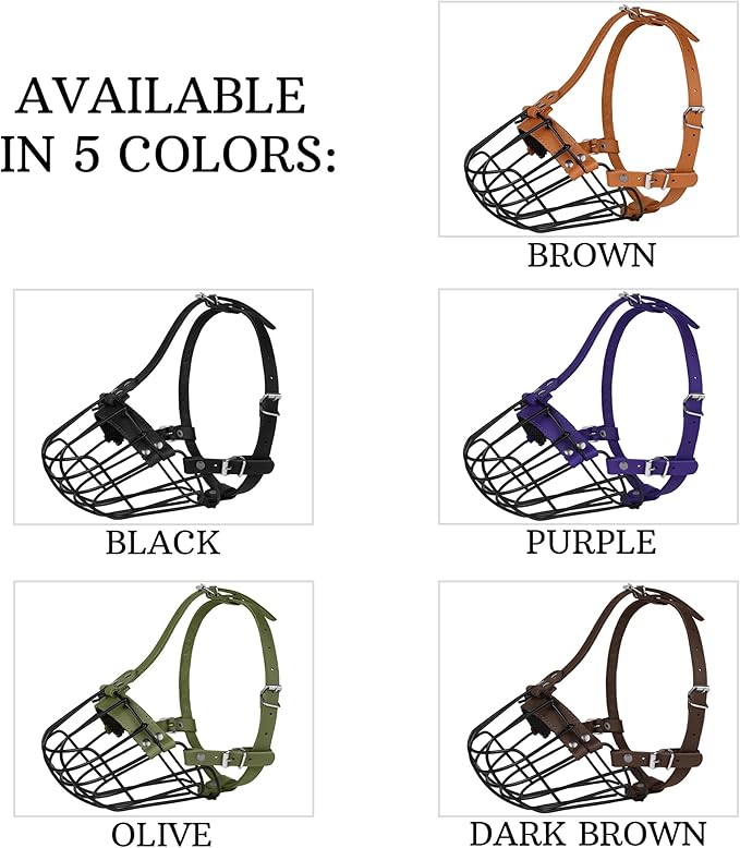 Pitbull Dog Muzzle Breathable Metal Basket for Large Dogs Amstaff Staffordshire Terrier Secure Wire Mask Adjustable Durable Leather Straps Biting Chewing Barking (Dark Brown)